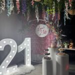 Light up number "21" with Cake plinth and mesh backdrop